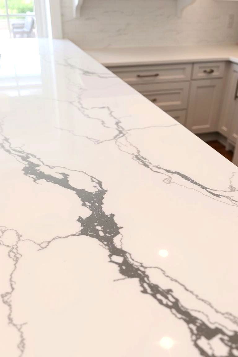 White Quartz Countertops with Black Veining - 24 White Kitchen with Black Appliances Ideas