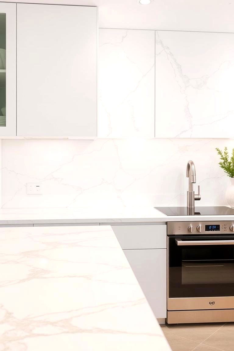 White Quartz Slab with Gold Flecks - 24 White and Gold Kitchen Backsplash Ideas