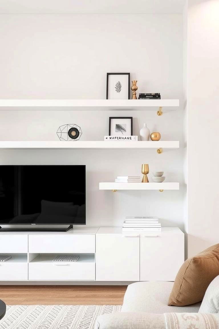 White Shelving Units with Gold Accents - 24 White and Gold Living Room Ideas