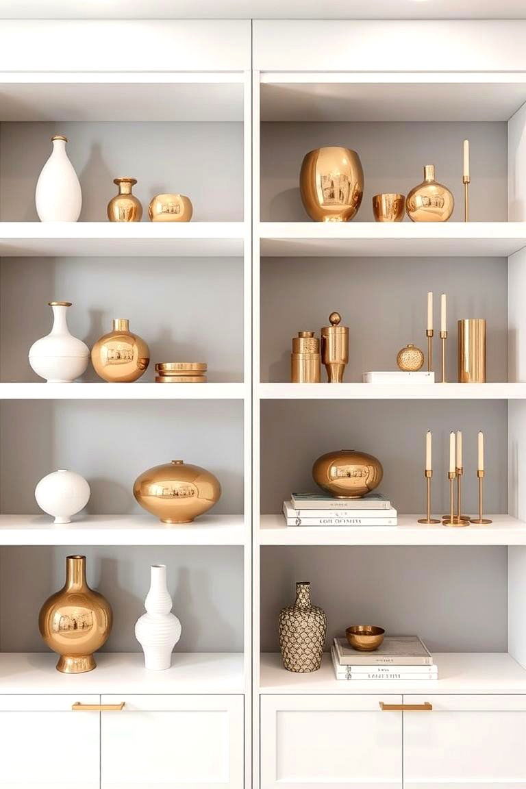 White Shelving with Gold Decorative Objects - 24 White and Gold Bedroom Ideas
