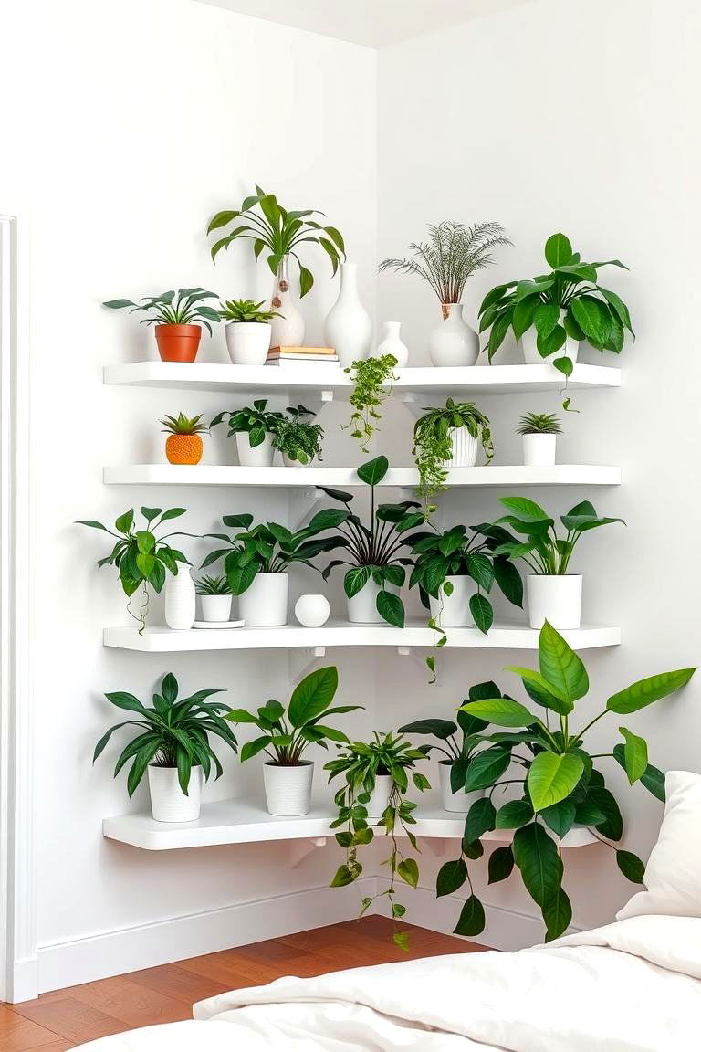 White Shelving with Green Plants and Decor - 24 Green and White Bedroom Ideas