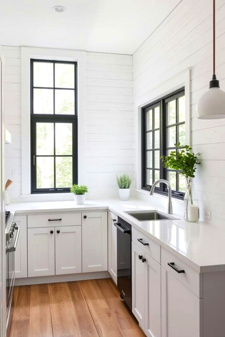 White Shiplap Walls with Black Window Frames - 24 White Kitchen with Black Appliances Ideas