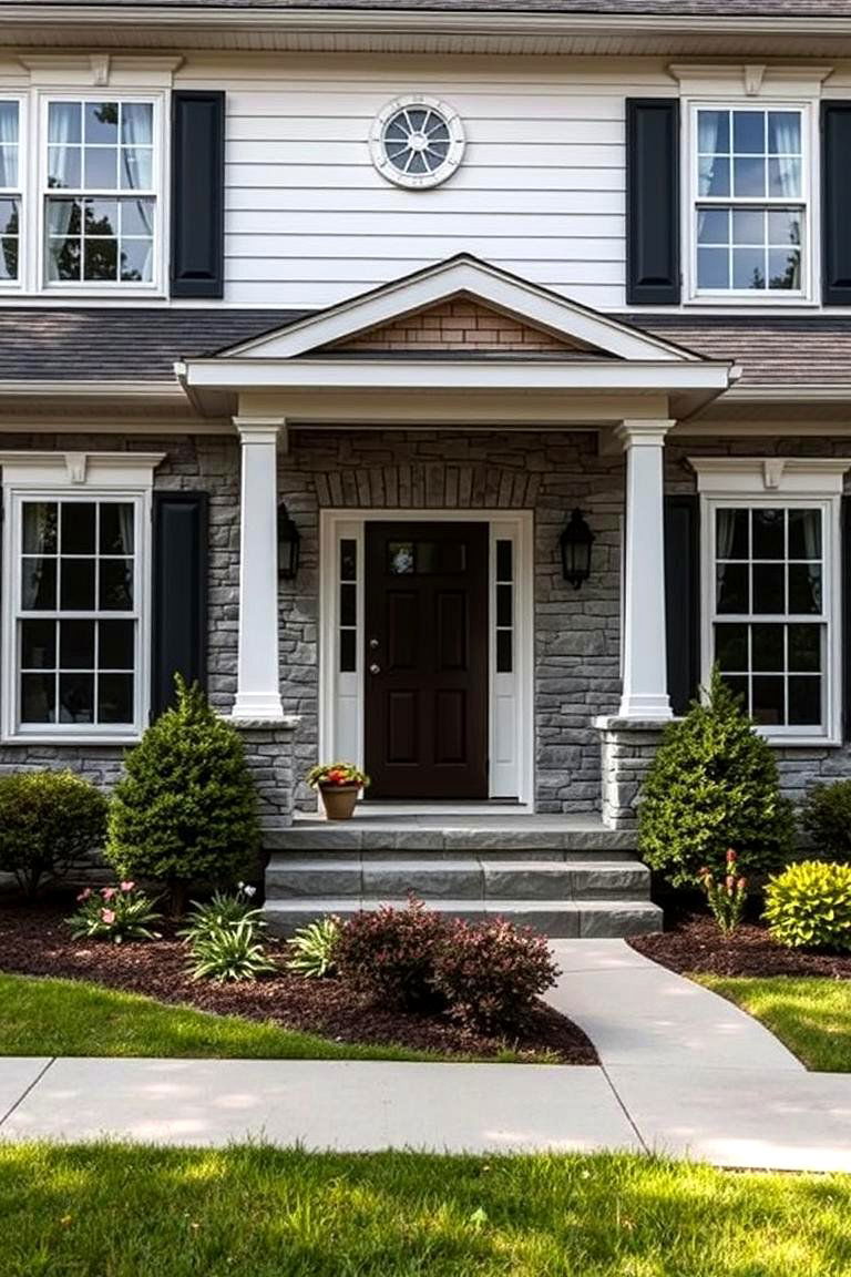 White Siding with Elegant Stone Veneer - 24 White Siding House Designs