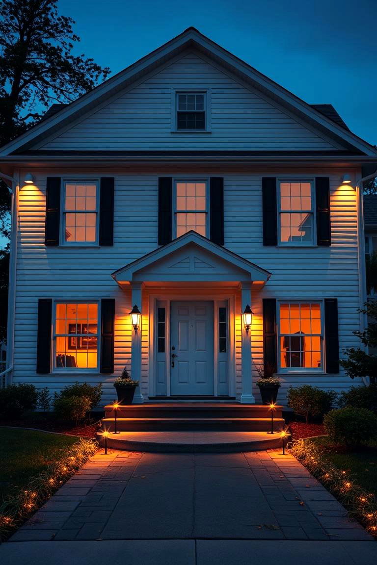 White Siding with Strategic Outdoor Lighting - 24 White Siding House Designs