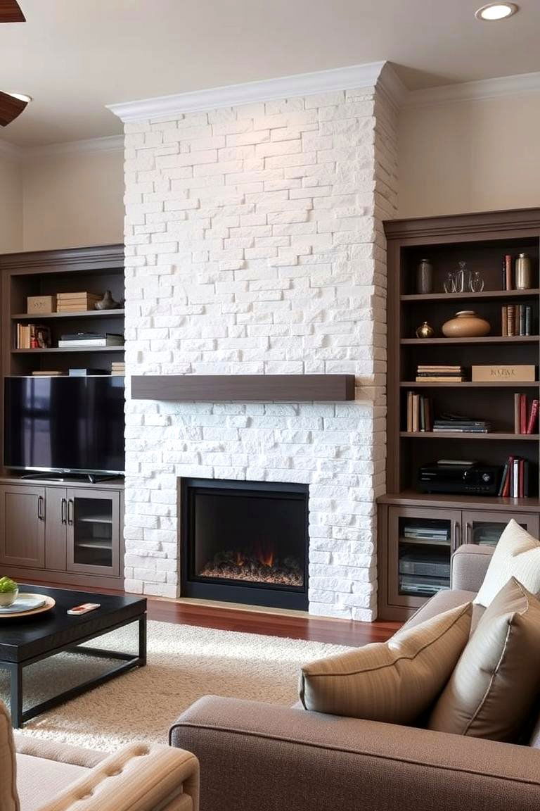 White Stone Fireplace as a Media Center - 24 White Stone Fireplace Ideas