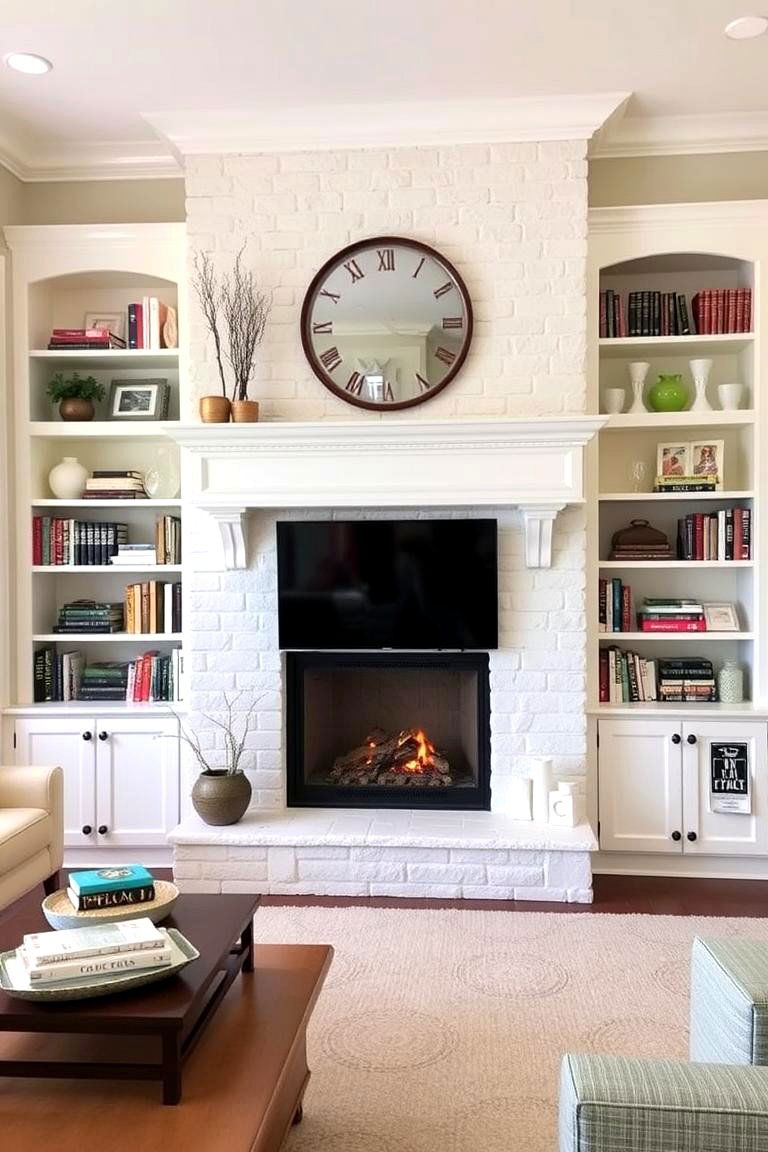 White Stone Fireplace with Built in Shelving - 24 White Stone Fireplace Ideas