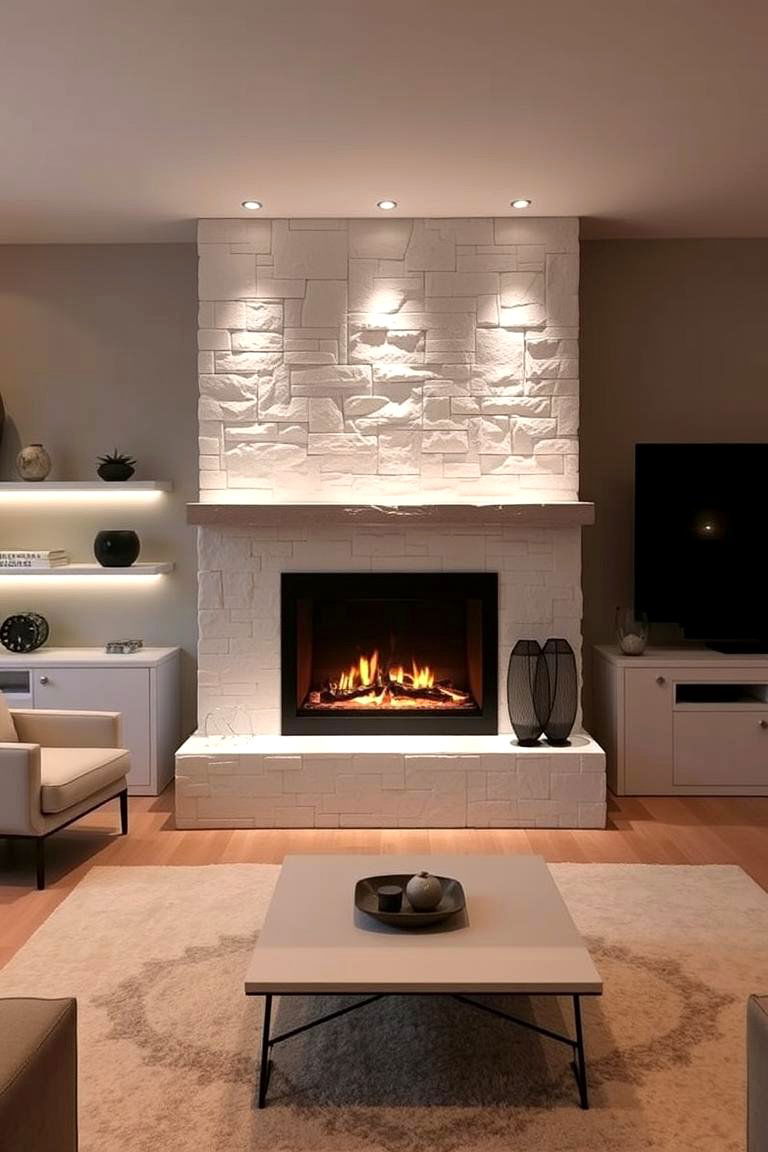 White Stone Fireplace with LED Backlighting - 24 White Stone Fireplace Ideas