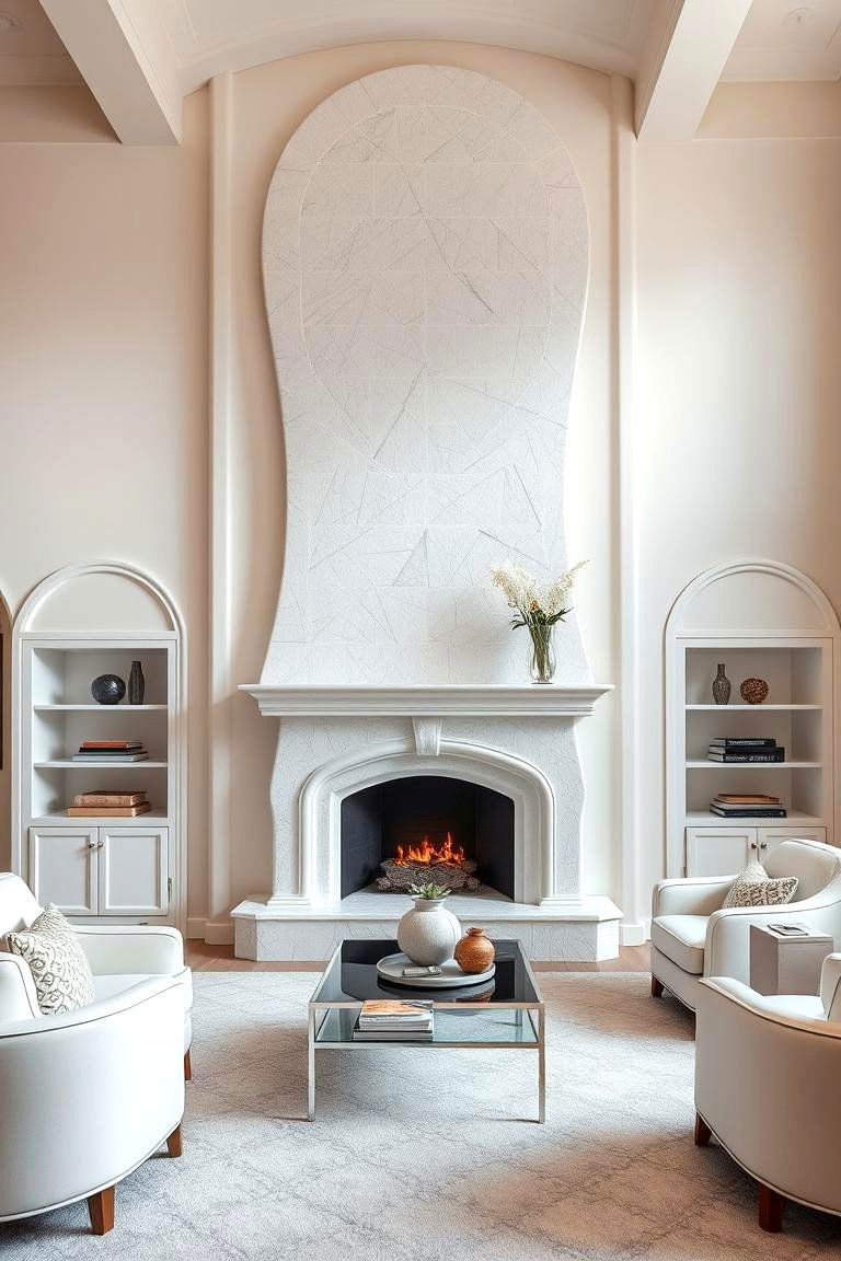White Stone Fireplace with a Curved Design - 24 White Stone Fireplace Ideas