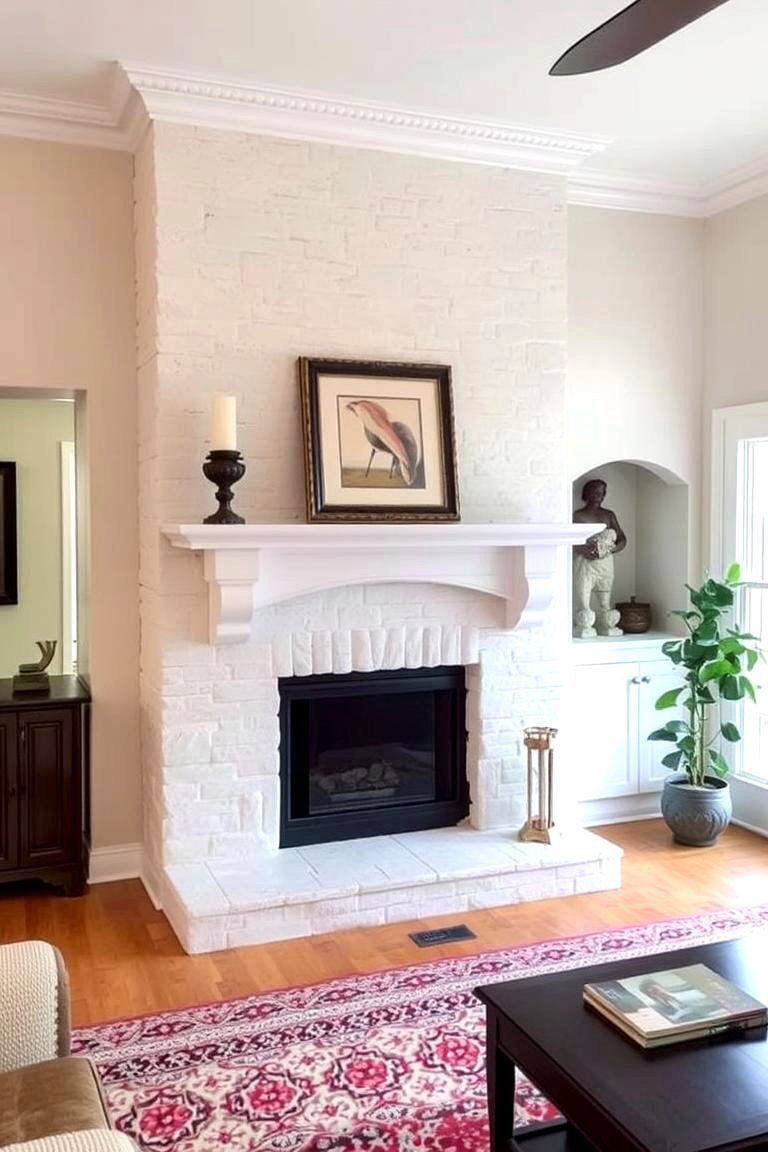 White Stone Fireplace with a Decorative Niche - 24 White Stone Fireplace Ideas