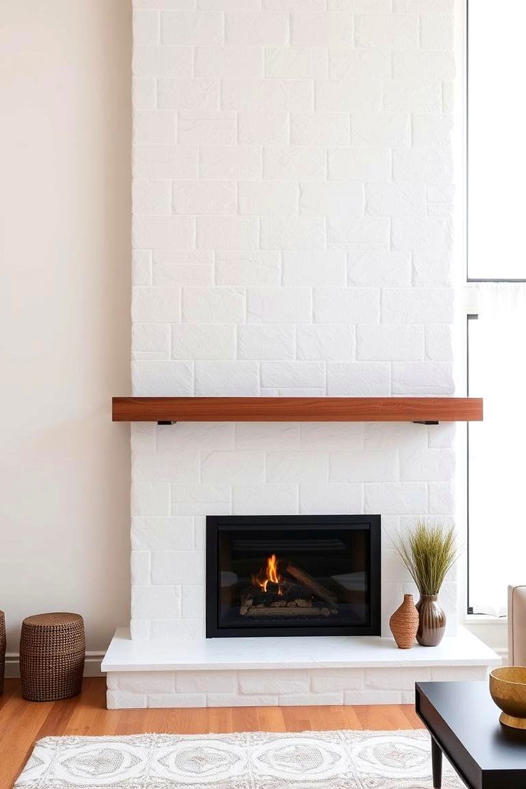 White Stone Fireplace with a Floating Mantel - 24 White Stone Fireplace Ideas