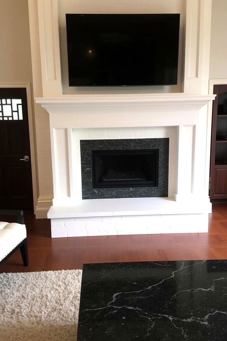 White Stone Fireplace with a Granite Inlay - 24 White Stone Fireplace Ideas