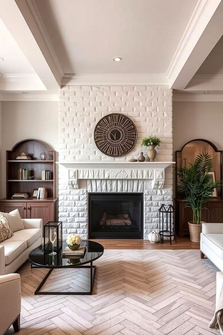 White Stone Fireplace with a Herringbone Pattern - 24 White Stone Fireplace Ideas