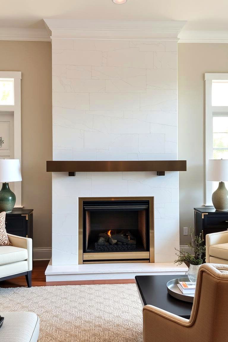 White Stone Fireplace with a Metal Accent - 24 White Stone Fireplace Ideas