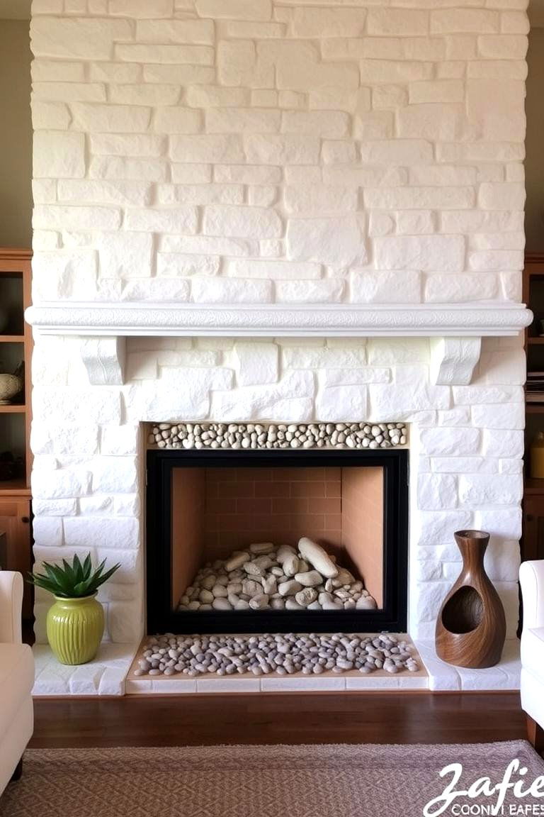 White Stone Fireplace with a Pebbled Inlay - 24 White Stone Fireplace Ideas