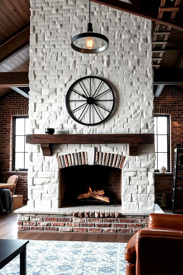 White Stone Fireplace with a Reclaimed Brick Accent - 24 White Stone Fireplace Ideas