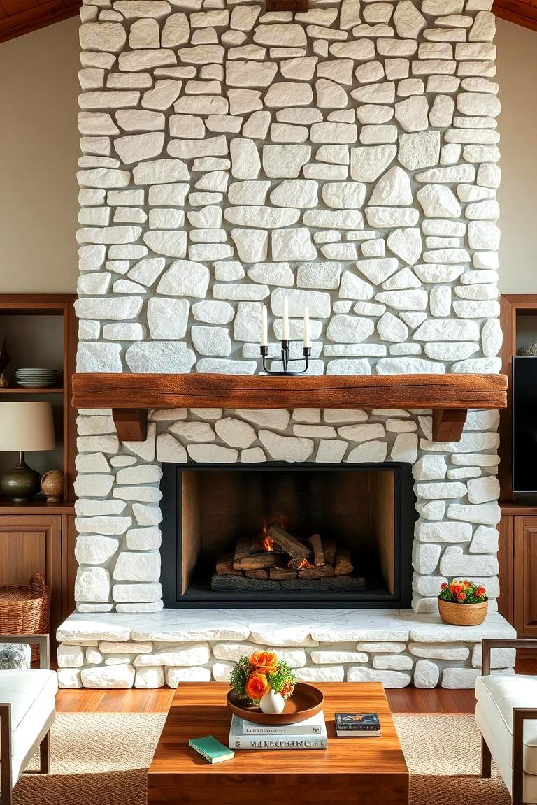 White Stone Fireplace with a Textured Finish - 24 White Stone Fireplace Ideas