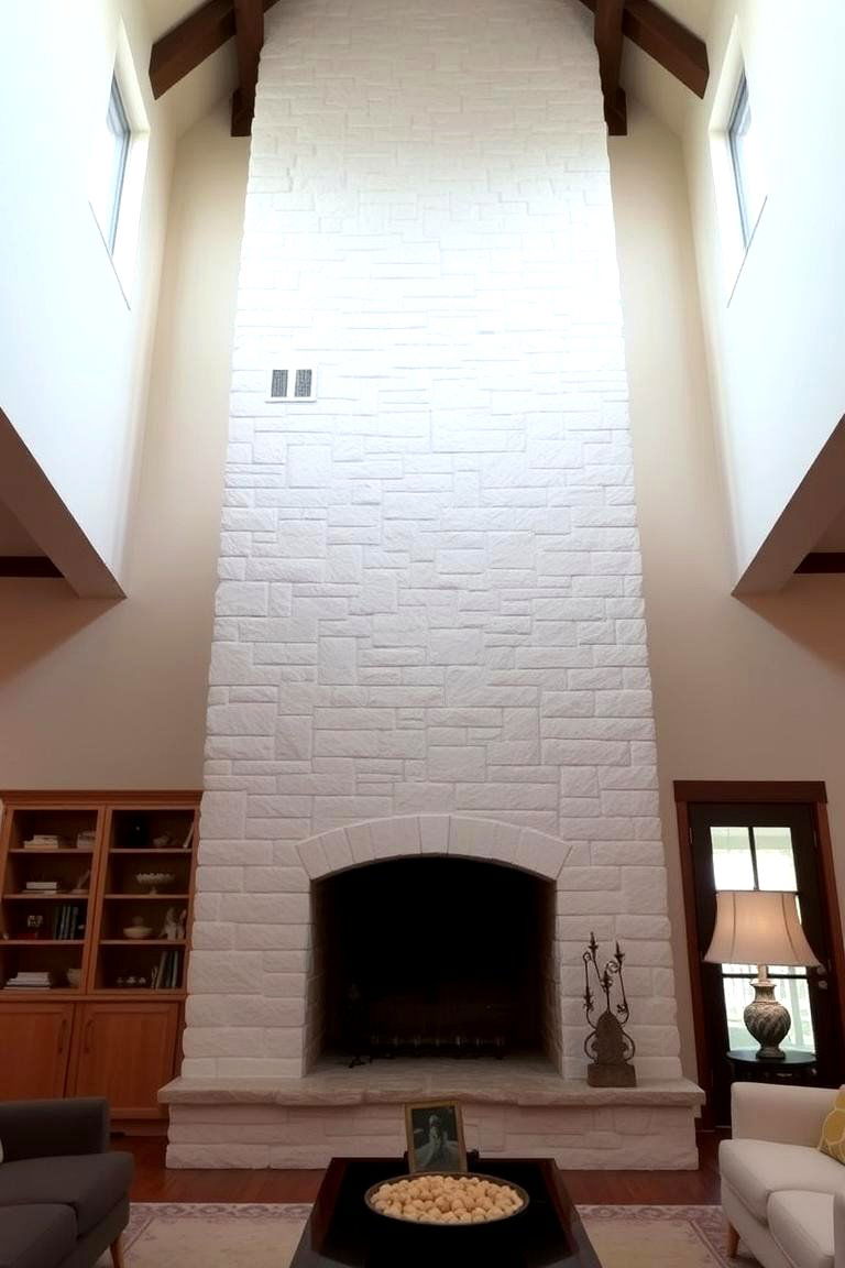 White Stone Fireplace with a Vaulted Opening - 24 White Stone Fireplace Ideas
