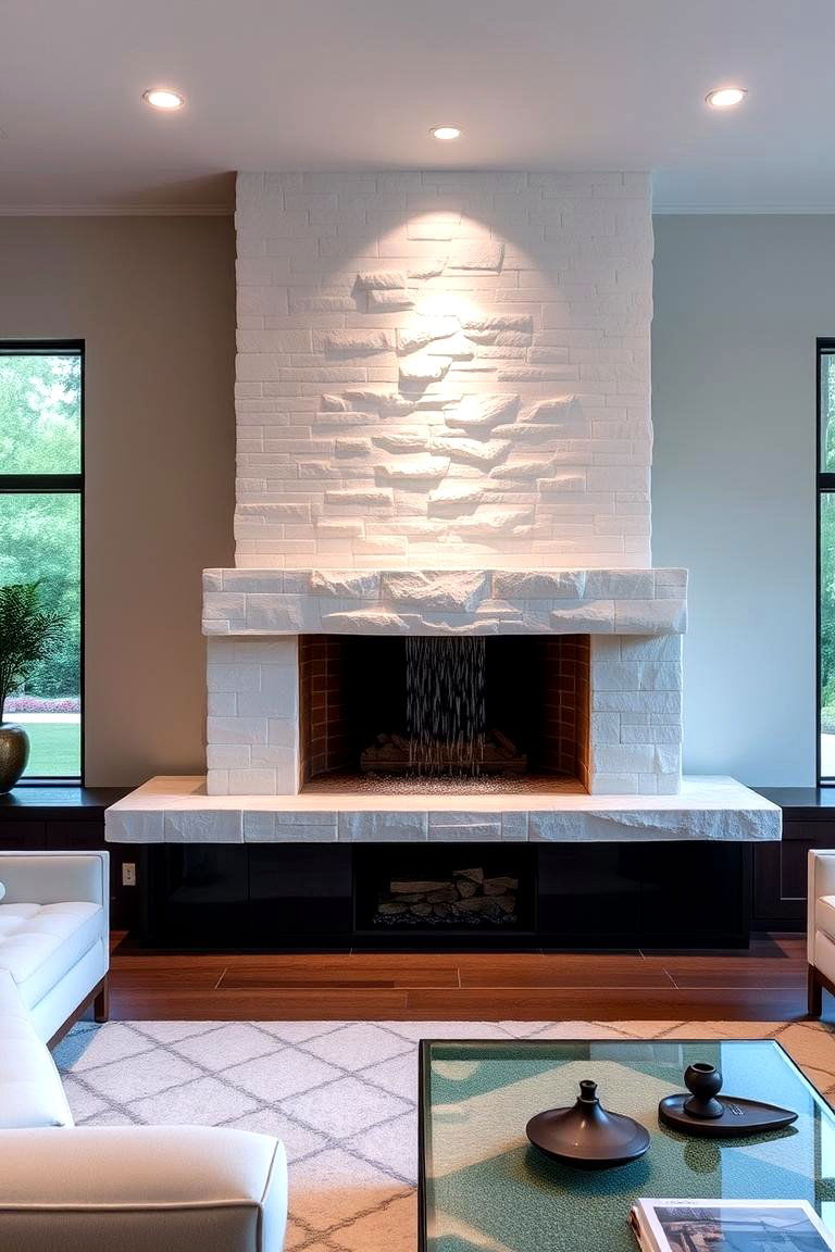 White Stone Fireplace with a Waterfall Feature - 24 White Stone Fireplace Ideas