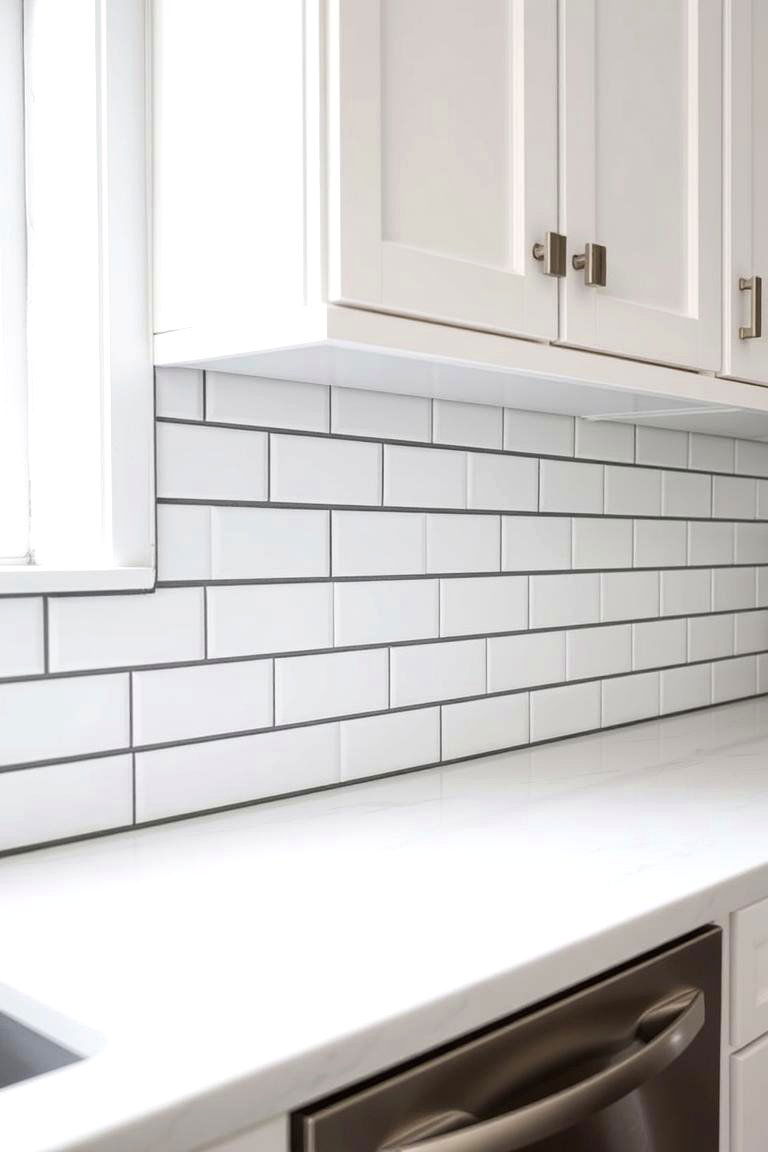 White Subway Tile Backsplash with Dark Grout - 24 White Kitchen with Black Appliances Ideas