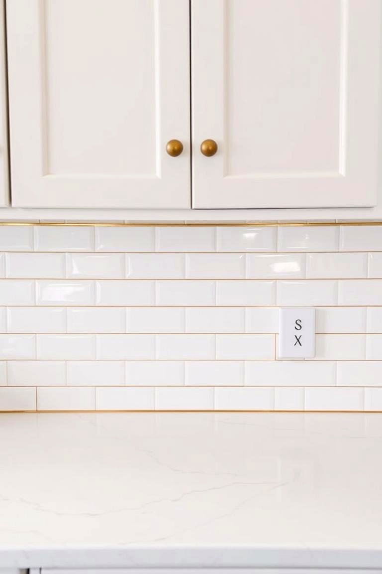 White Subway Tile Backsplash with Gold Trim - 24 White and Gold Kitchen Ideas
