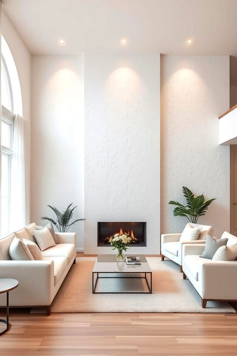 White Textured Walls with Subtle Gold Undertones - 24 White and Gold Living Room Ideas