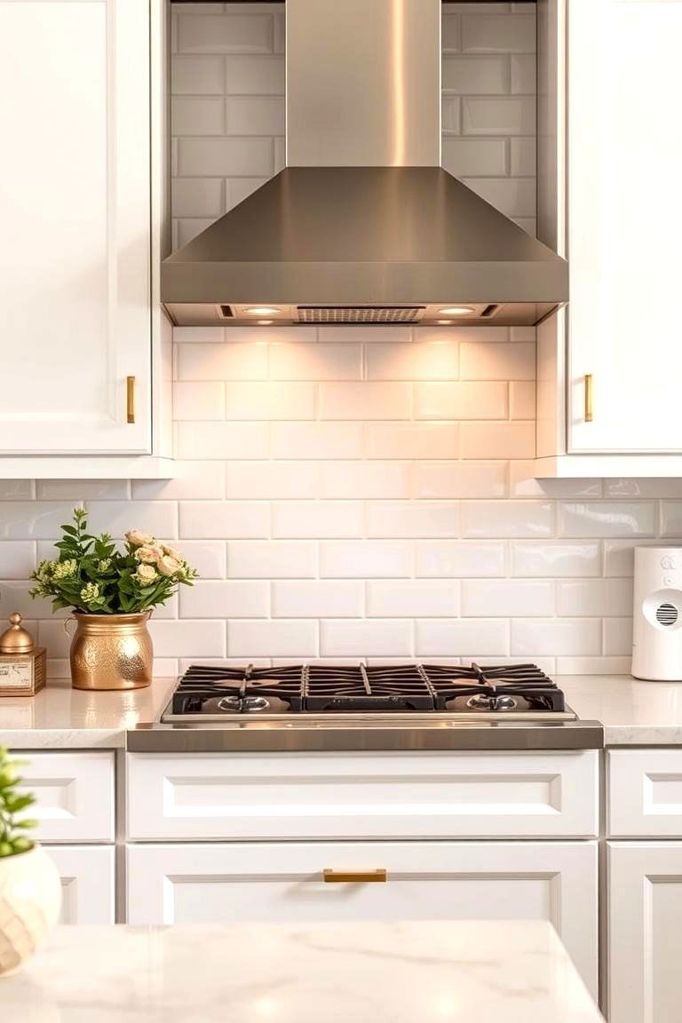 White Tile with Gold Cabinet Hardware Reflection - 24 White and Gold Kitchen Backsplash Ideas