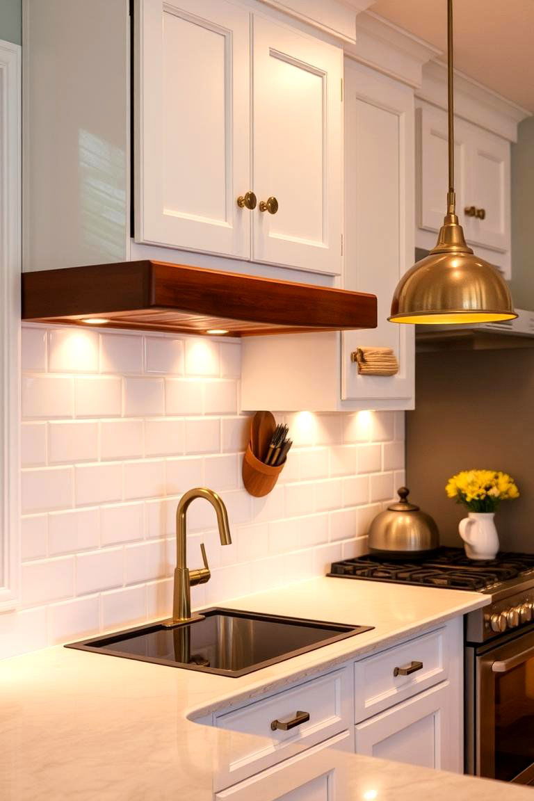 White Tile with Gold Light Fixtures Creating a Warm Glow - 24 White and Gold Kitchen Backsplash Ideas