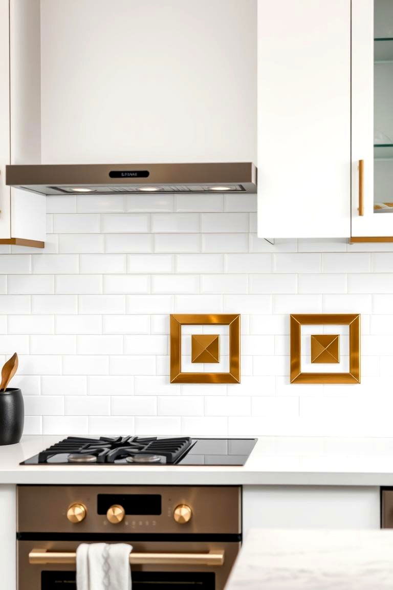 White Tile with Gold Metal Inserts - 24 White and Gold Kitchen Backsplash Ideas