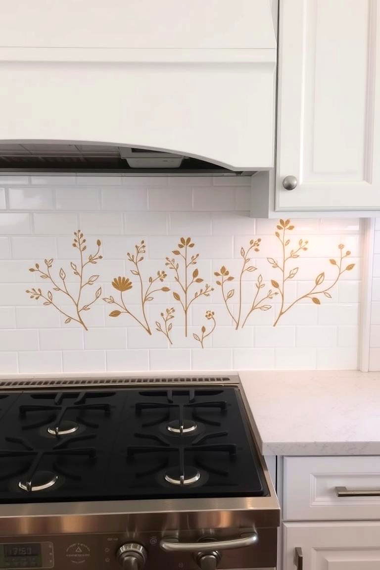 White Tile with Gold Stenciled Design - 24 White and Gold Kitchen Backsplash Ideas