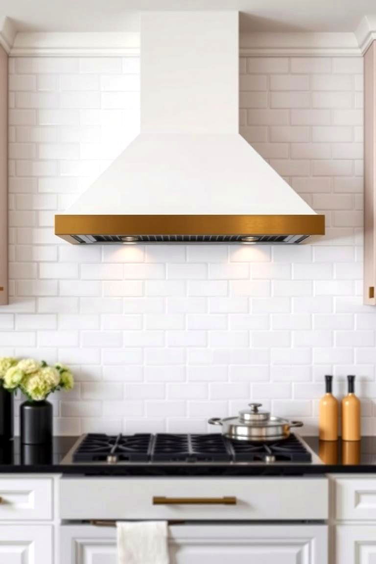 White Tile with a Gold Range Hood as a Focal Point - 24 White and Gold Kitchen Backsplash Ideas
