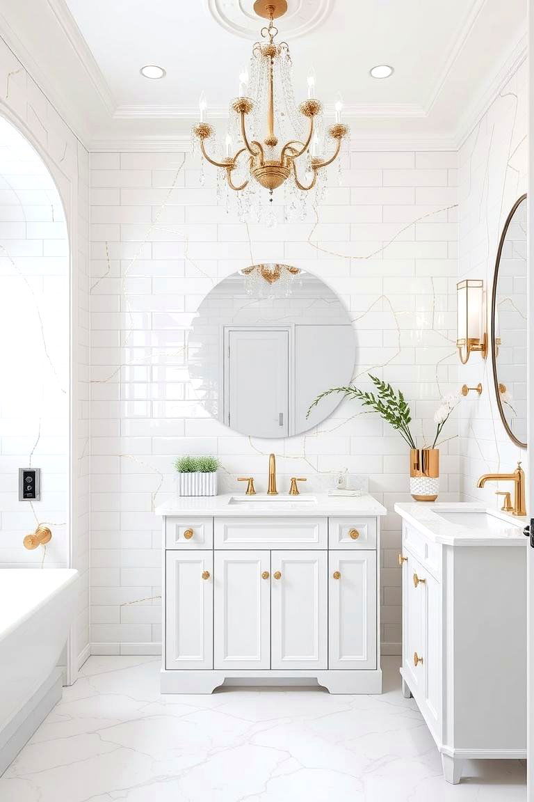 White Tiles with Metallic Accents for Glamour - 24 White Tile Bathroom Ideas
