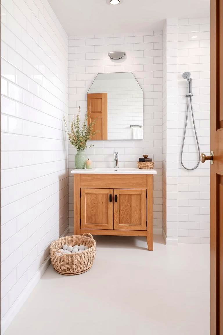 White Tiles with Natural Wood Accents for Warmth - 24 White Tile Bathroom Ideas