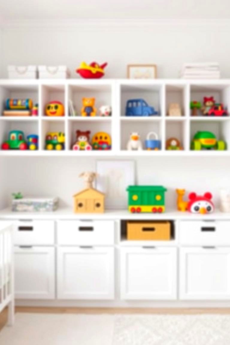 White Toy Storage with Open Shelves - 24 White Nursery Ideas