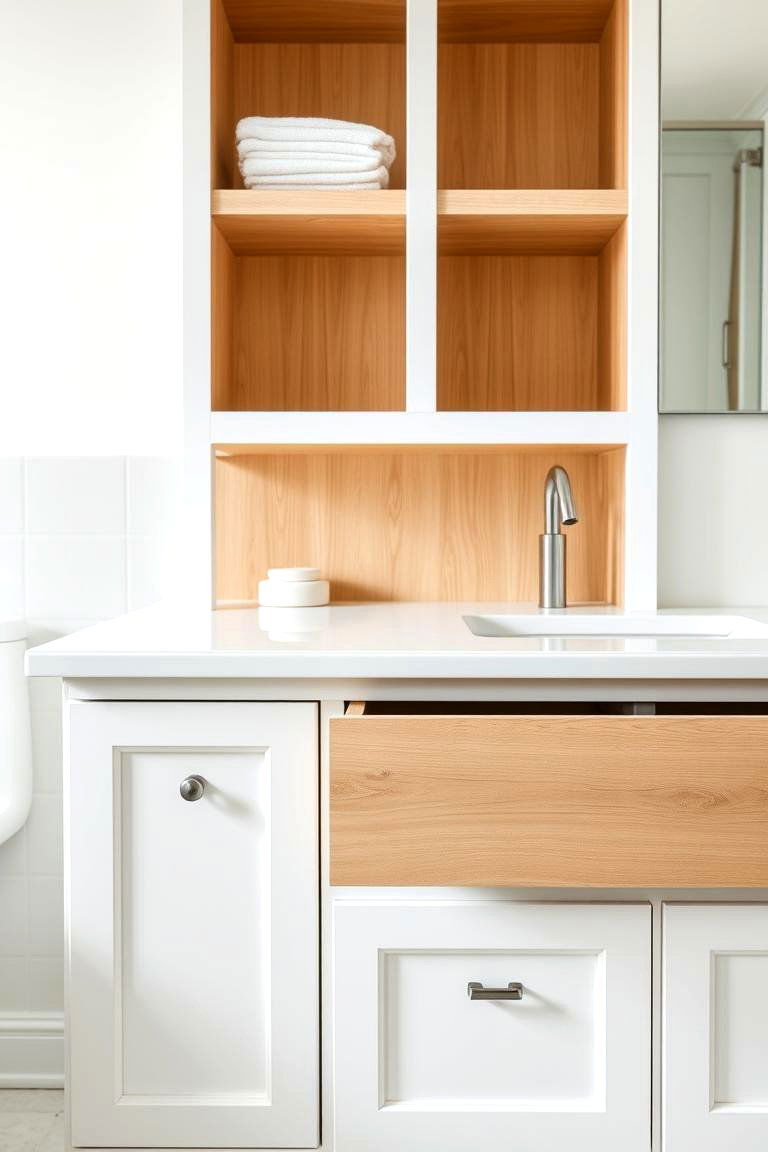 White Vanity with Natural Wood Accents - 24 White Bathroom Ideas