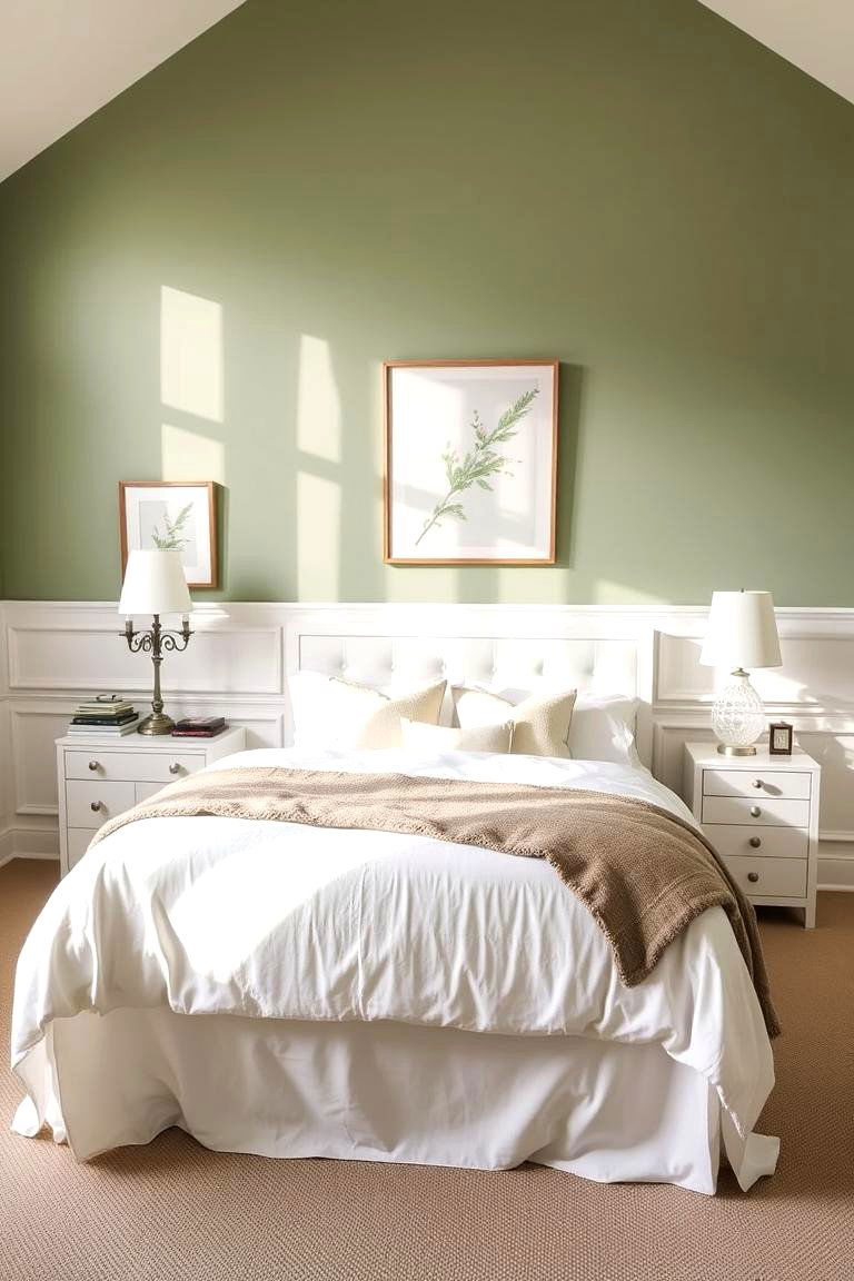 White Wainscoting with Green Walls Above - 24 Green and White Bedroom Ideas