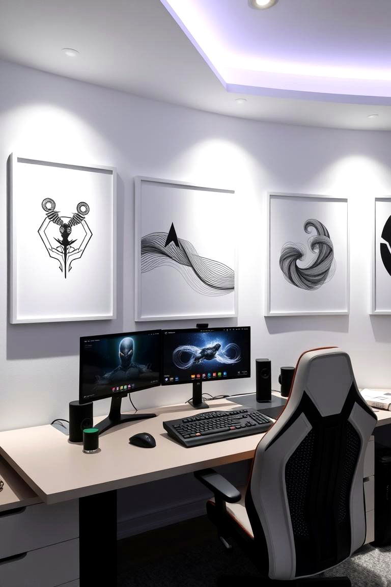 White Wall Art for Personalization - 24 All White Gaming Setup Ideas