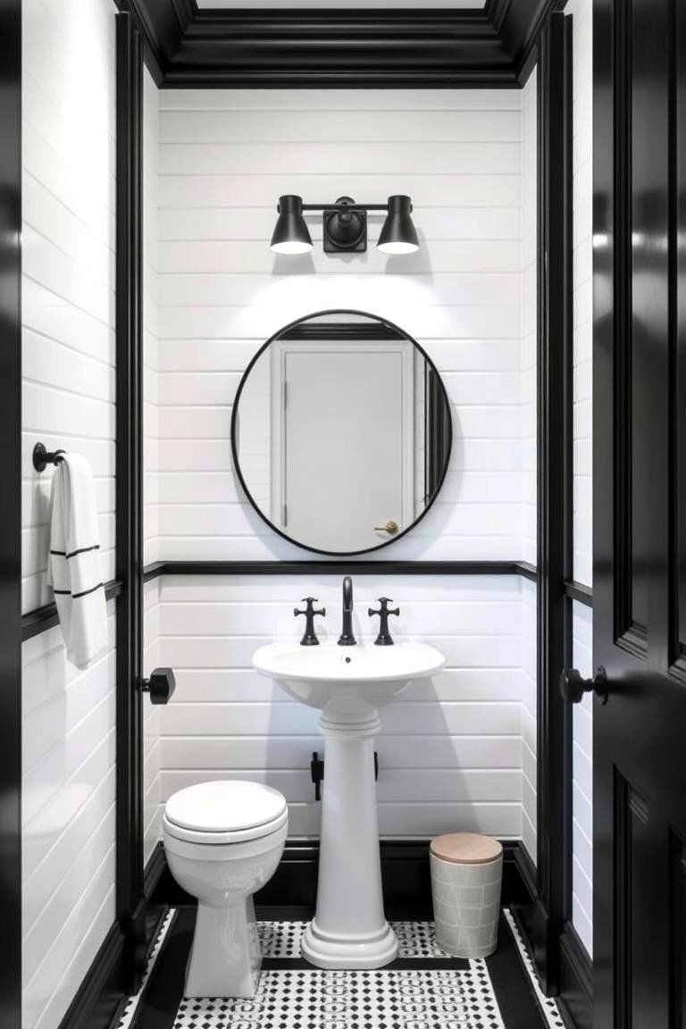 White Walls with Black Accents - 24 Black and White Powder Room Ideas