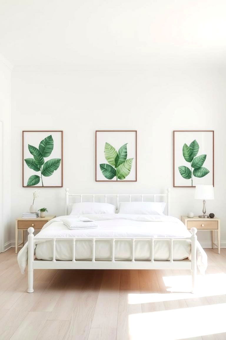 White Walls with Green Botanical Prints - 24 Green and White Bedroom Ideas