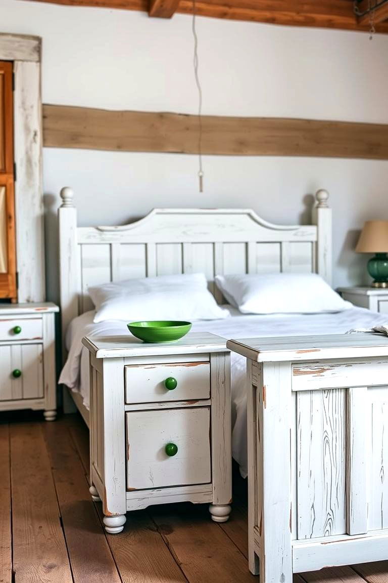 White Washed Wooden Furniture with Green Accents - 24 Green and White Bedroom Ideas