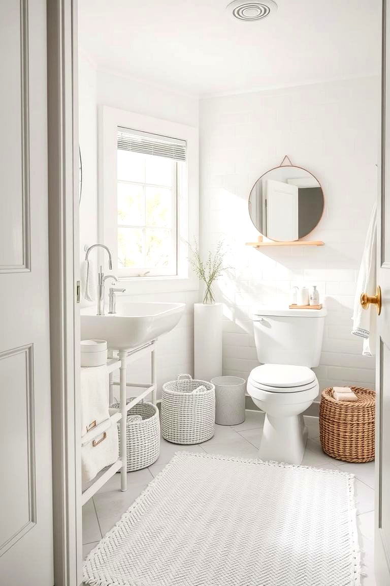 White Woven Accents - 24 White Bathroom Ideas