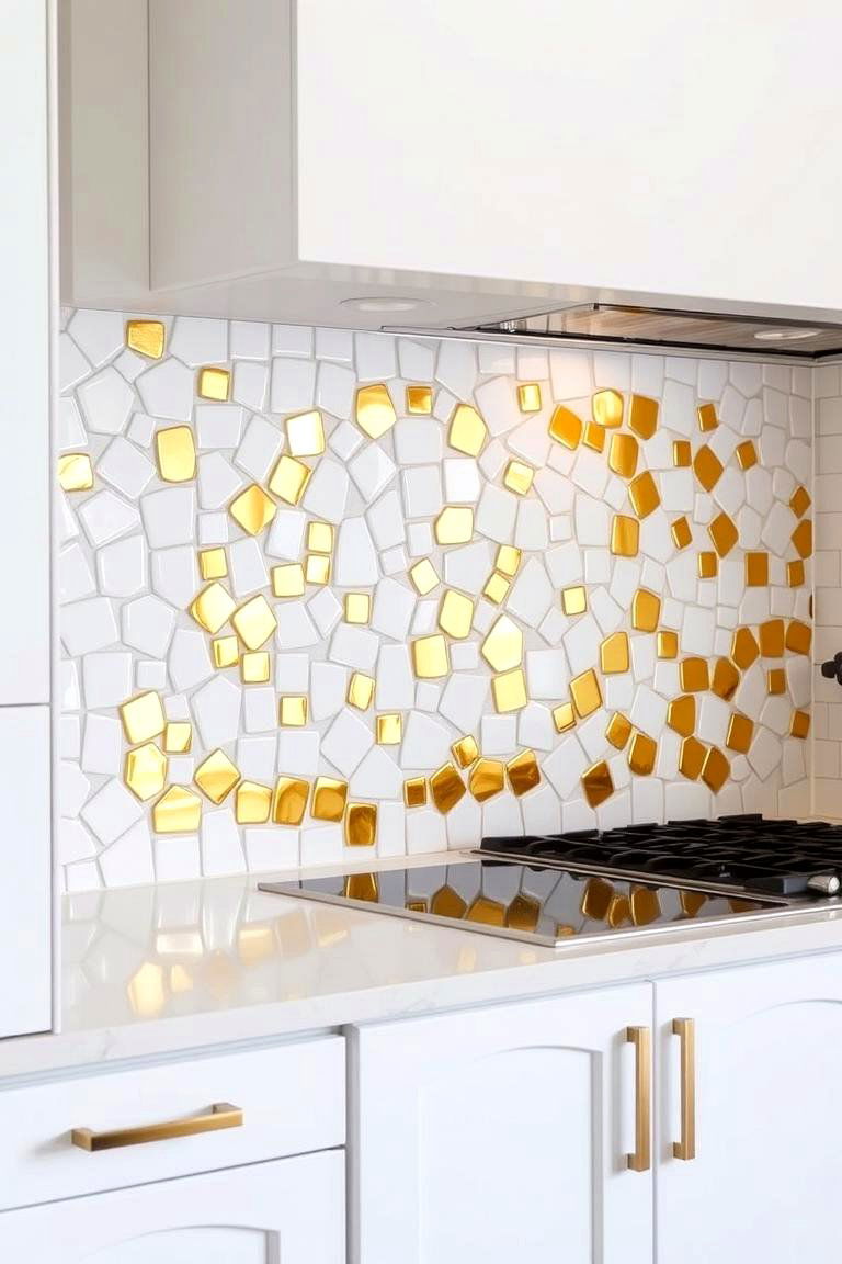 White and Gold Abstract Design - 24 White and Gold Kitchen Backsplash Ideas