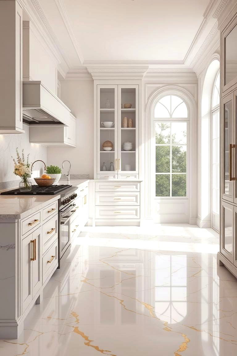 White and Gold Accents in Flooring - 24 White Kitchen Floor Ideas