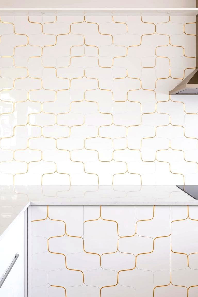 White and Gold Geometric Patterned Tiles - 24 White and Gold Kitchen Backsplash Ideas