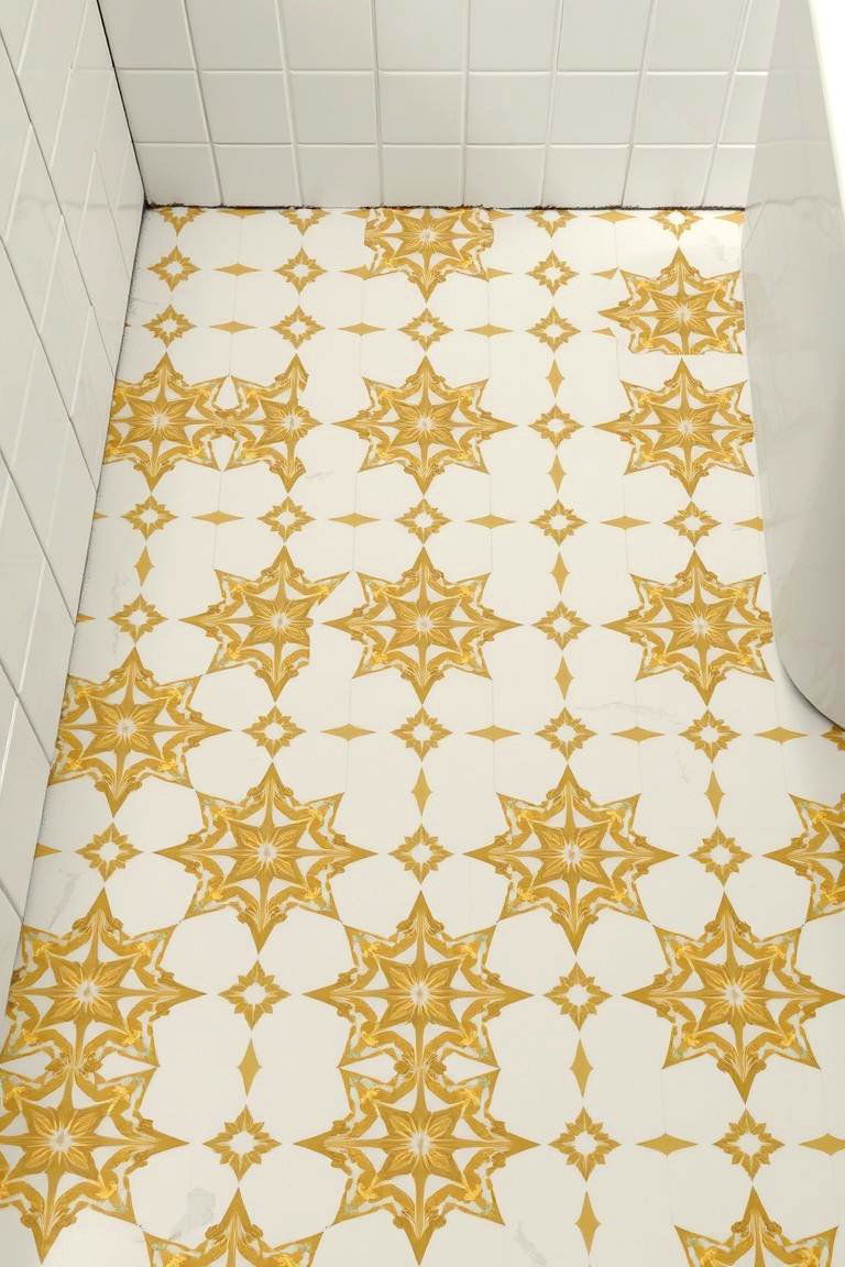 White and Gold Patterned Tiles - 24 White and Gold Bathroom Ideas