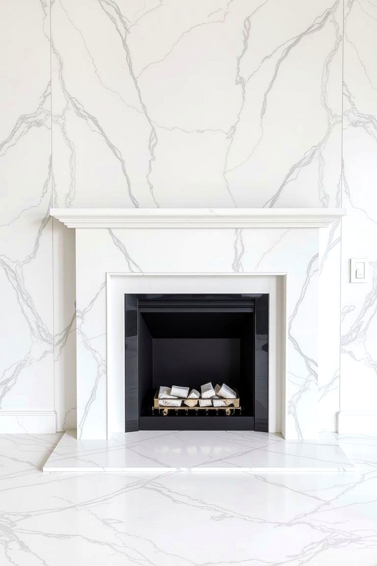 White and Grey Marble Tiles - 24 Fireplace Tile Ideas