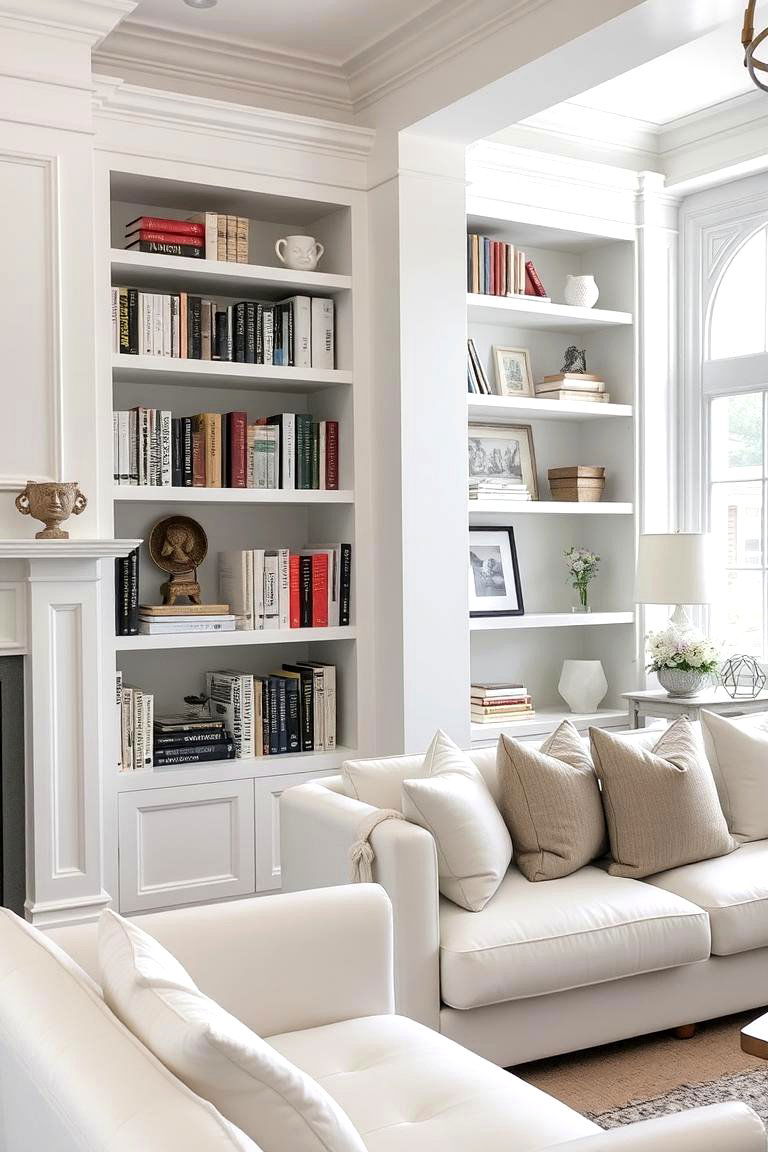 White with Built in Shelving - 24 White Living Room Ideas