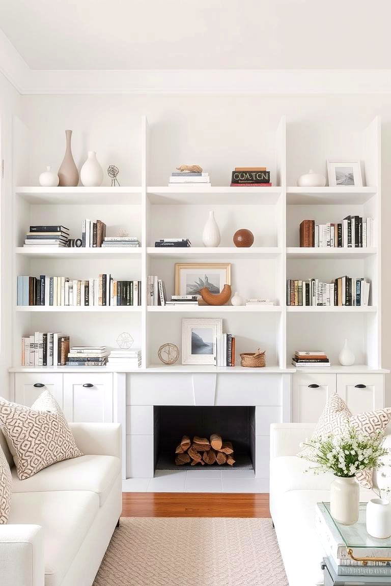 White with Open Shelving Displays - 24 White Living Room Ideas