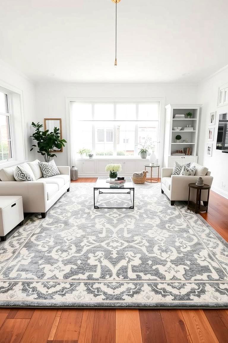 White with a Statement Rug - 24 White Living Room Ideas