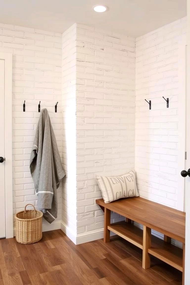 Whitewashed Brick Accents - 24 Farmhouse Mudroom Ideas