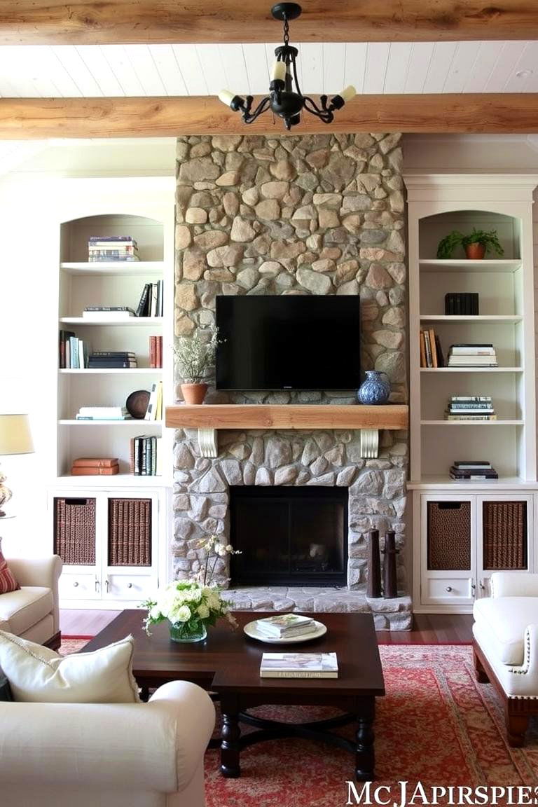 Whitewashed Shelves Around a Stone Fireplace - 24 Fireplace With Bookshelves